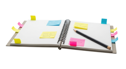 Open spiral notebook with sticky notes and pencil isolated PNG with Transparent Background