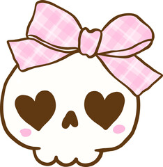 Coquette Gingham Halloween,  Cute Skull with Pink Bow Illustration Hand Drawn