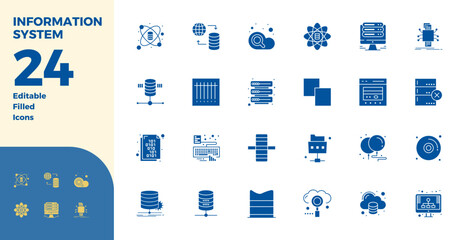 Vector pack with 24 Glyph Filled PIXEL perfect icons inspired by Information System, delivered in 128x128 resolution ideal for scalable and creative design work. © Flatart