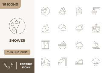 Future-ready pack of 16 vector icons themed around Shower, showcasing Minimal Line design with 128x128 PIXEL perfect clarity for innovative user interfaces.