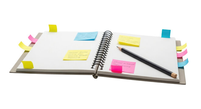 Open spiral notebook with sticky notes and pencil isolated PNG with Transparent Background