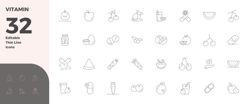 This Vitamin vector icon pack includes 32 Thin Line designs in 128x128 PIXEL perfect format, perfect for enhancing digital interfaces.