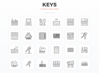 Set of 24 Strong Outline PIXEL perfect vector icons themed around Keys, crafted in 128x128 resolution for seamless integration in apps and websites.