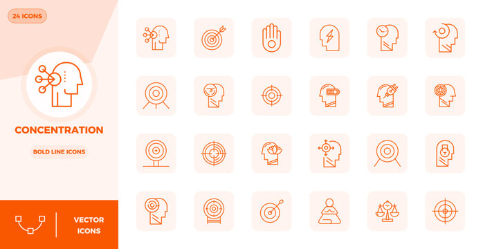 Contemporary collection of 24 vector icons representing Concentration in Bold Line aesthetic, featuring 128x128 PIXEL perfect resolution for modern application development.