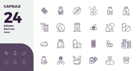 Essential pack of 24 PIXEL perfect vector icons for Capsule in Bold Line format, sized at 128x128 for optimal performance and scalability.