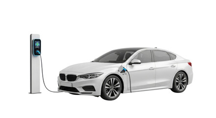 Electric car charging at charging station isolated PNG with Transparent Background