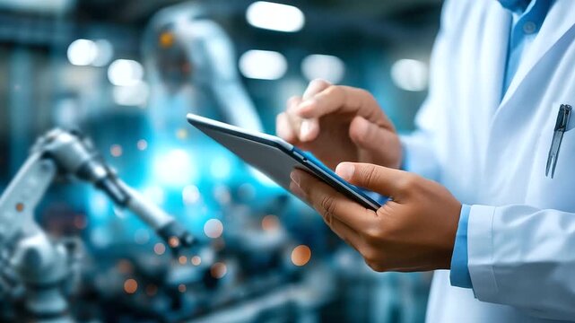 Indian expert programming robotic arms with a tablet to optimize factory production, robotics specialist India, tablet automation technology, industrial assembly line, production e
