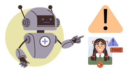 Robot analyzing face for fake detection, warning triangle, fake identification. Ideal for AI, technology, cybersecurity, fake news, ethics data trust. Simple flat metaphor