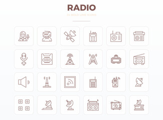 A dynamic set of 24 vector icons in Strong Outline, tailored for Radio with 128x128 PIXEL perfect quality suited for digital products.