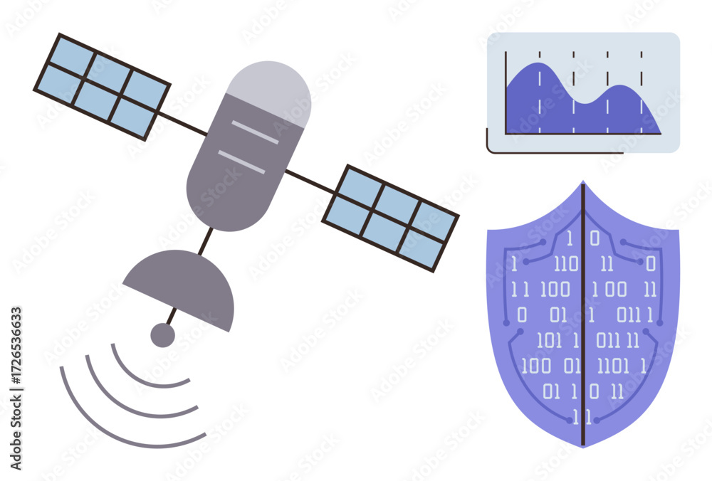 Aufkleber satellite sending signals, cybersecurity shield with binary code, and performance analytics chart. i