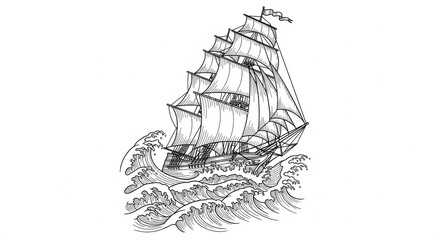 Naklejka premium Vintage Engraving of a Majestic Ship on Powerful Turbulent Ocean Waves