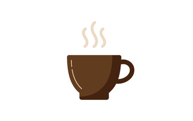 A simple, flat illustration of a steaming brown coffee cup on a white background.