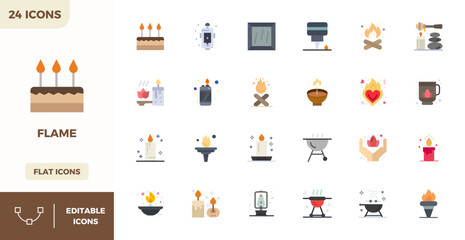 Unlock 24 Flat Color PIXEL perfect vector icons inspired by Flame, optimized in 128x128 format for flawless display across all devices.