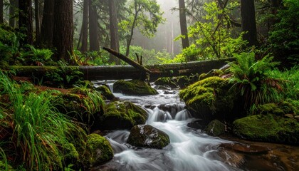 Obraz premium Misty forest stream flowing over mossy rocks