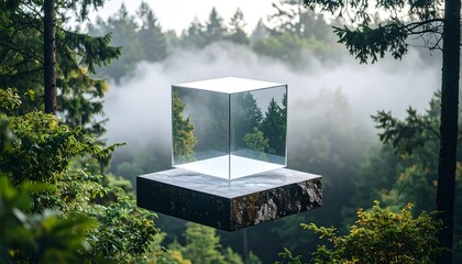 Floating Cube Reflecting Forest Scenery Nature and Environmental Concept