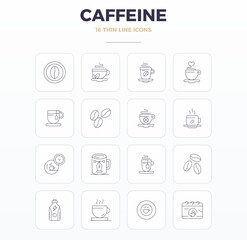 Collection of 16 Thin Outline PIXEL perfect vector icons for Caffeine, designed in 128x128 format for clarity and versatility.