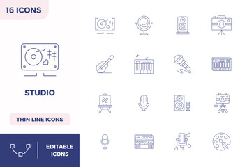 Essential pack of 16 PIXEL perfect vector icons for Studio in Minimal Line format, sized at 128x128 for optimal performance and scalability.