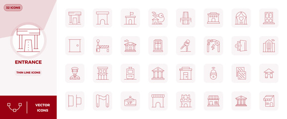 Revolutionary set of 32 PIXEL perfect vector icons inspired by Entrance, created in Thin Line format at 128x128 resolution for cutting-edge design.