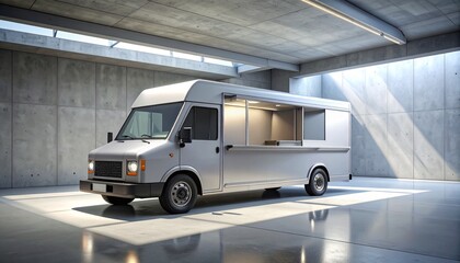 Silver Food Truck in Modern Concrete Interior with Natural Light