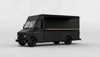 Sleek black food truck with an open service window and wooden counter, isolated on a white background.
