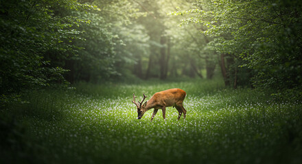 Deer Grazing in Forest Clearing