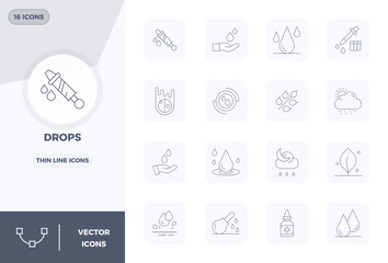 Streamlined set of 16 vector icons for Drops in Thin Line aesthetic, featuring 128x128 PIXEL perfect resolution for seamless user experiences.