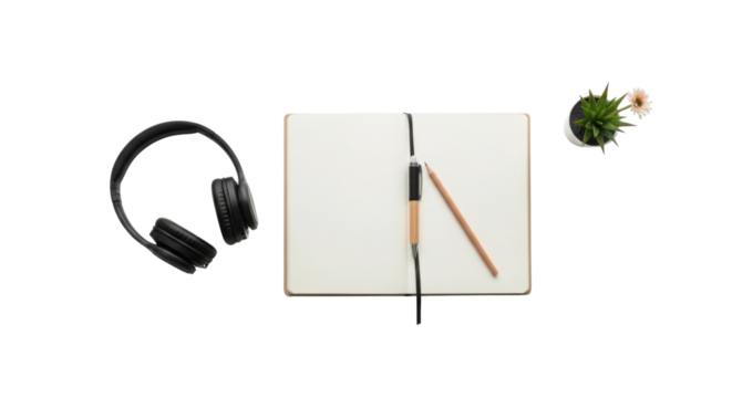 Overhead view of headphones, notebook, pencil and plant on desktop isolated PNG with Transparent Background