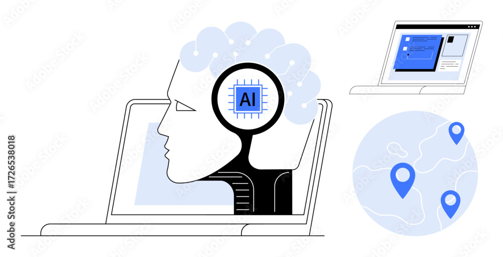 Aufkleber human-thumbs up ai head inside laptop screen, showing global map with marked locations and an open u