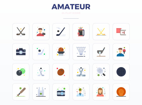 Sophisticated bundle of 24 Minimal Flat vector icons for Amateur, engineered with 128x128 PIXEL perfect clarity for professional applications.