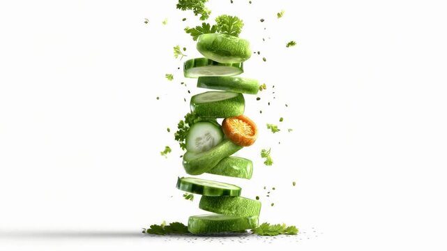 A vertical stack of cucumber slices with herbs and greens, forming a floating cucumber column.