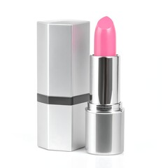 Obraz premium A silver lipstick tube with a light pink lipstick and a matching hexagonal case, isolated on a white background