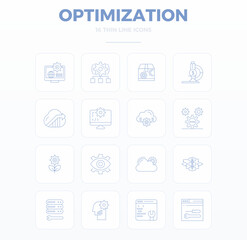 Complete package of 16 vector icons themed around Optimization, showcasing Thin Outline design in 128x128 PIXEL perfect quality for modern interfaces.