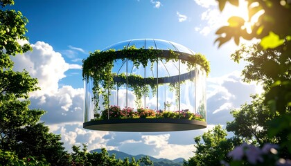 Floating Greenhouse with Plants and Flowers Against a Blue Sky