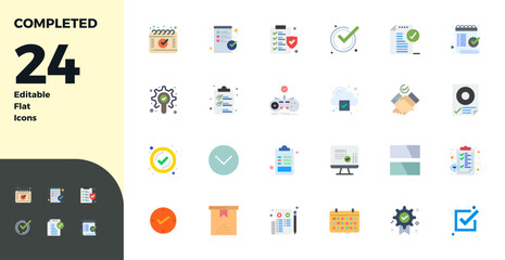 Beautifully rendered 24 Flat PIXEL perfect vector icons for Completed, created at 128x128 resolution for stunning visual consistency across platforms.