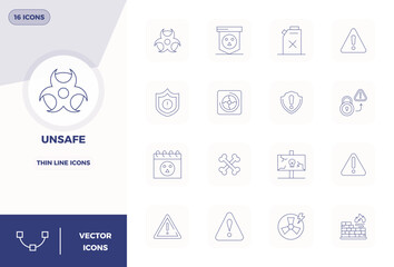 Professional-grade collection of 16 Thin Line vector icons representing Unsafe, crafted with 128x128 PIXEL perfect precision for enterprise applications.