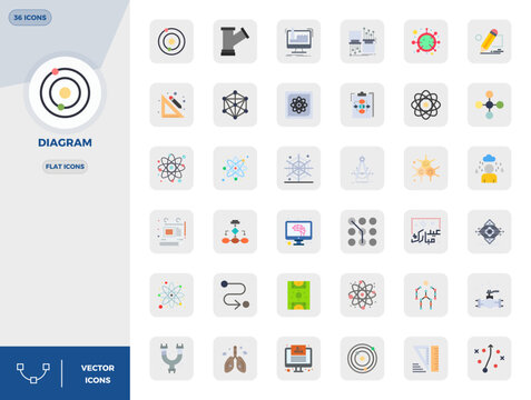 Vector pack with 36 Flat PIXEL perfect icons inspired by Diagram, delivered in 128x128 resolution ideal for scalable and creative design work.