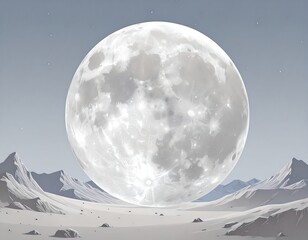 A large, luminous moon dominates a minimalist, pale landscape of snow-covered mountains and plains under a twilight sky