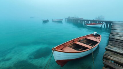 Serene misty seascape featuring anchored boats along a weathered wooden pier at dawn