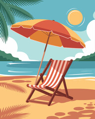 A peaceful beach scene with a striped chair and red umbrella