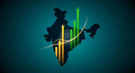 India map with economic growth chart and rising financial graph on a dark blue background.