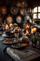 Fototapeta premium Hyper-realistic animation atmospheric medieval tavern setting mead bottle goblet and candles depth and warm glow