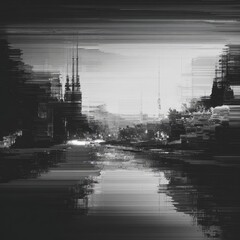Fototapeta premium Distorted cityscape view, grayscale, urban canal