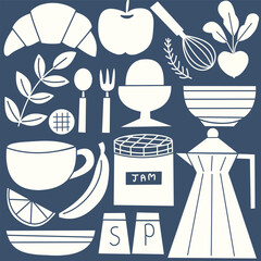 Kitchen Utensils and Food Icons, apple, radish, leaf, spoon, fork, egg, cup, coffee maker, salt shaker, pepper shaker, icon set, flat lay