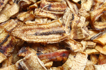 close up of dried banana slices, arranged randomly with a distinctive natural texture