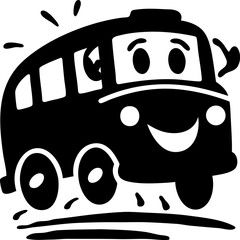 Cheerful cartoon bus with smiling face and expressive eyes, depicted in playful, monochrome style. bus appears to be in motion, adding sense of fun and excitement to image