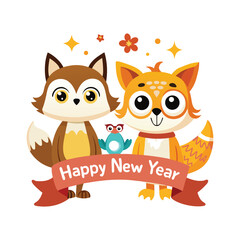 Fototapeta premium Cartoon foxes and bird with happy new year banner illustration