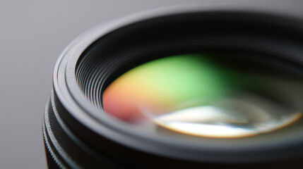 Close up view of camera lens showcasing vibrant colors reflecting off glass surface, highlighting intricate details and textures. image captures essence of photography equipment and its artistic