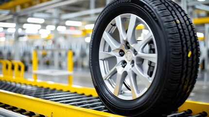 Tire productiont: A brand new tire rolls steadily along a bright yellow conveyor belt in a modern manufacturing setting, demonstrating efficiency and precision in production.