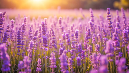 Close up of blooming lavender field under a soft hazy sunset glow flowers background