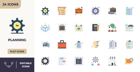 Unlock 24 Flat Color PIXEL perfect vector icons inspired by Planning, optimized in 128x128 format for flawless display across all devices.